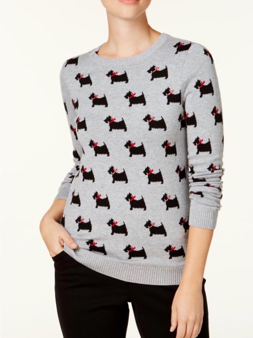 Charter Club cotton blend gray pullover sweater with Scottish terrier print